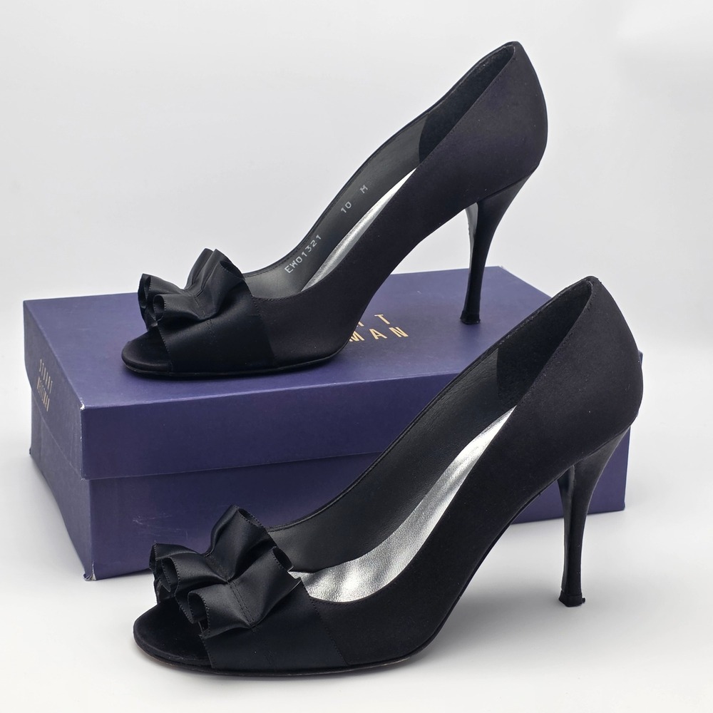 Stuart Weitzman Gigi Peep Toe Heels Womens 10 Black Satin Ruffle Pumps Stilletto